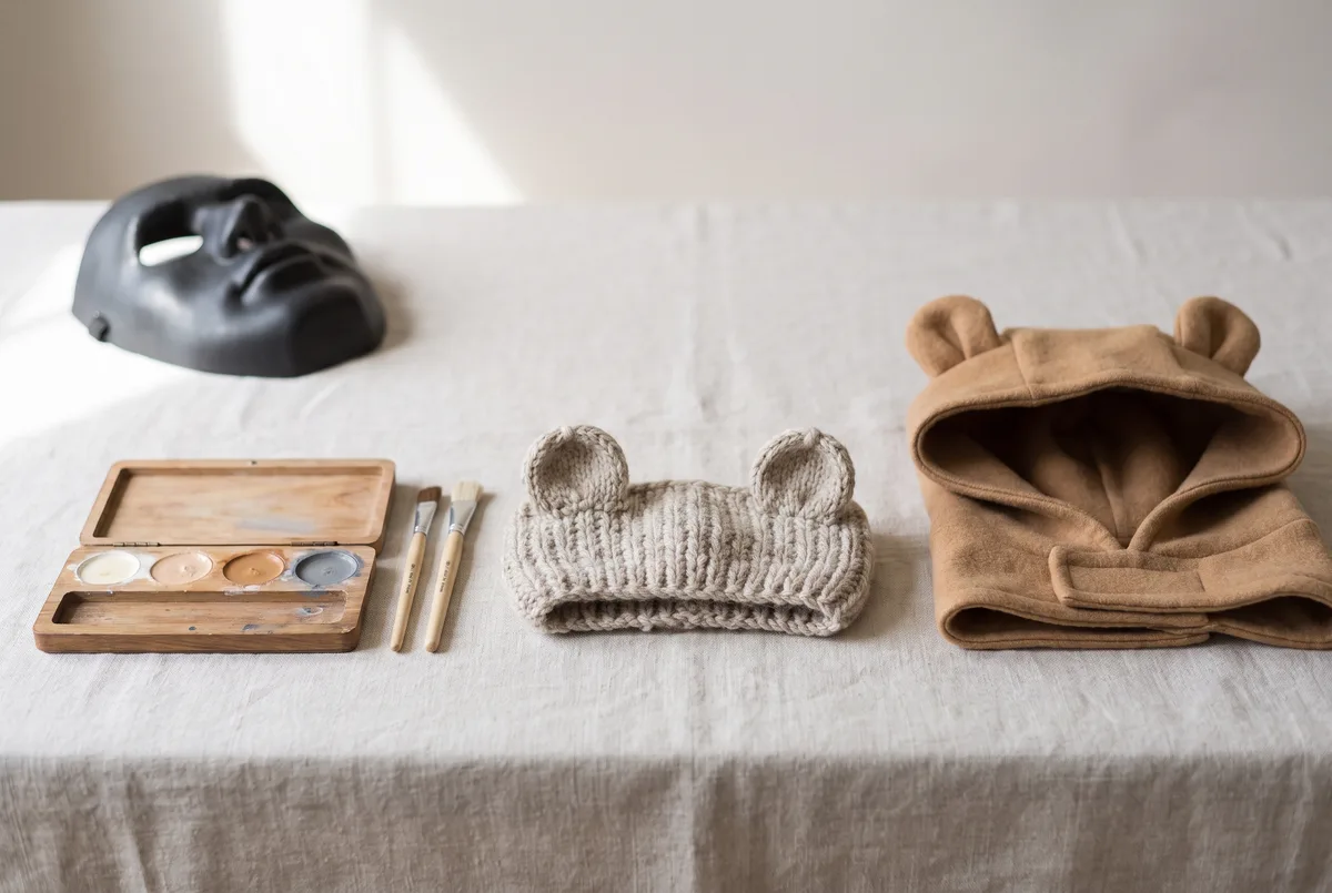 Three alternatives to a full-face costume mask laid out in a row: an open face-paint palette with two brushes, a soft knit animal-ear headband, and a fabric hood with rounded ears, with a rigid moulded plastic full-face mask set apart face-down in softer focus.