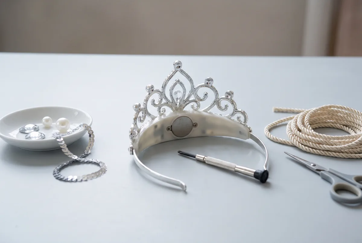 A costume safety check on a pale grey surface: a light-up toy tiara on its side with the screw of its sealed battery compartment clearly visible and a small screwdriver beside it, a white dish holding detached plastic gems, a bead and a shed sequin strand, and a coiled length of costume cord next to a pair of scissors.