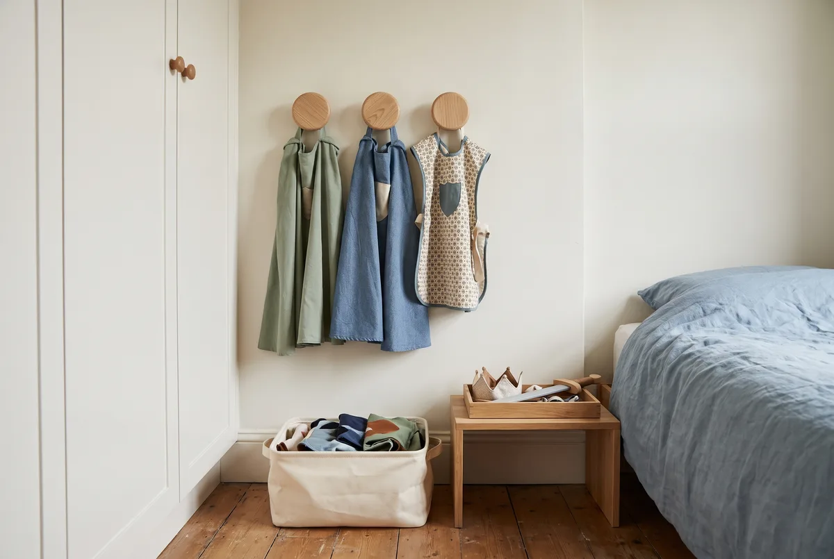 A compact dress-up zone in a small shared bedroom: three rounded child-height wooden pegs holding two capes and a tabard, a shallow lidless canvas bin on the floor below, and a flat accessory tray on a low nightstand, occupying under a metre of wall beside a wardrobe.