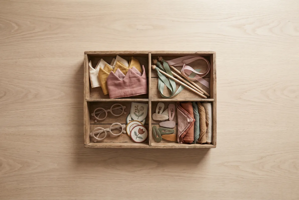 A shallow open wooden accessory tray shot from above, holding dress-up accessories sorted into separate compartments: soft fabric crowns, ribbon wands, pretend glasses and badges, and hair clips with small scarves.