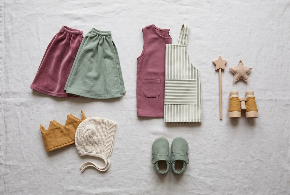 A capsule dress-up set laid out overhead in five separated groups on pale linen: two folded capes, two soft head pieces, a tabard with an apron, three small role props, and one pair of soft grip shoes.