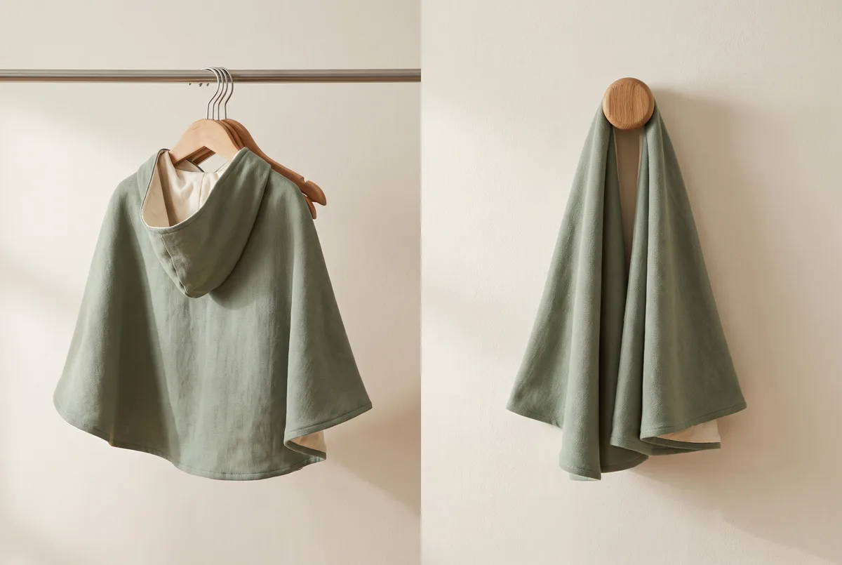 Two ways to hang a child's dress-up cape shown side by side against a pale wall: on the left a cape on a wooden coat hanger suspended from a rail, on the right the same cape simply dropped over a single rounded wooden wall peg.