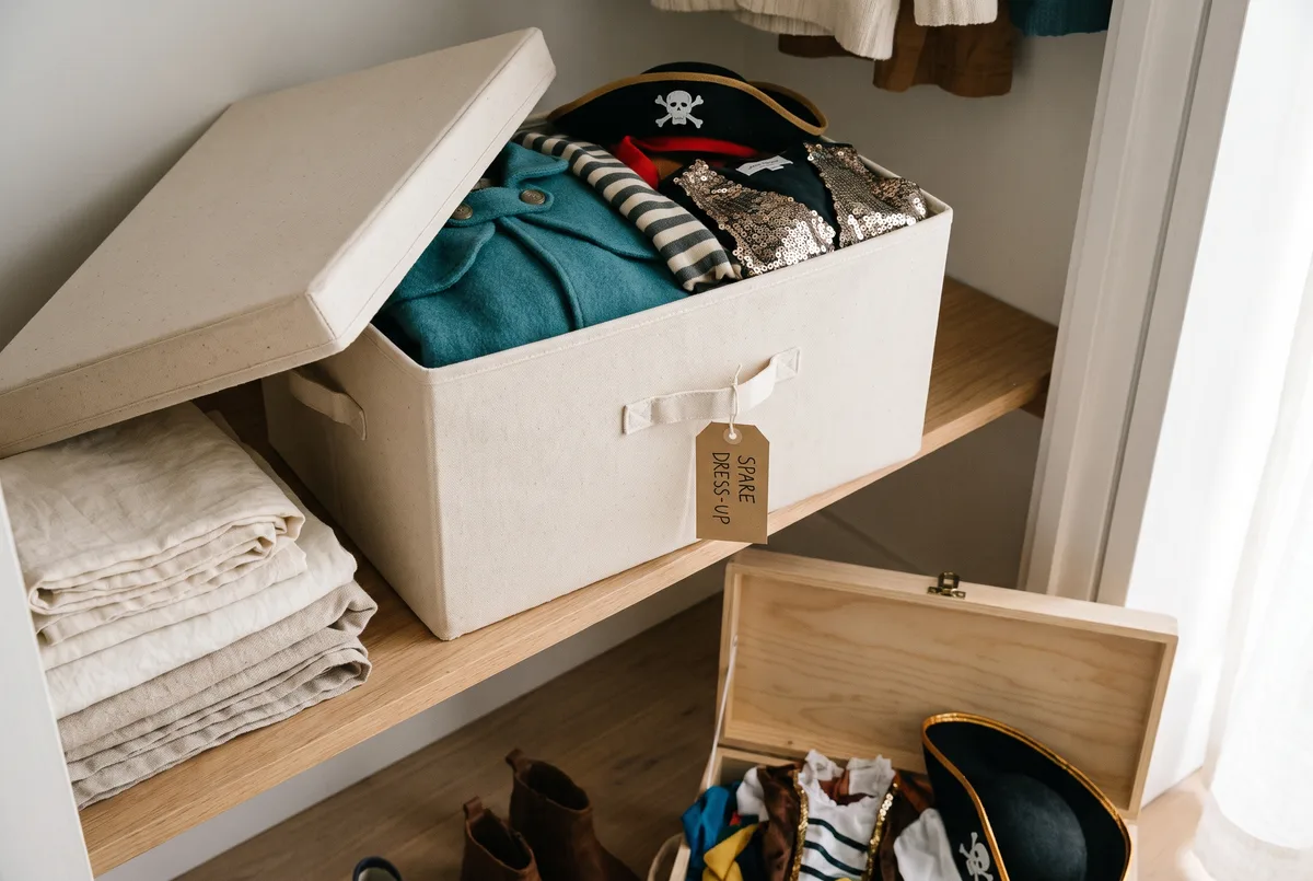 A labeled canvas reserve box on a closet shelf with its lid tilted open, holding folded spare dress-up pieces including a teal cape, a striped top, a felt pirate hat, and a sequinned vest, with a kraft tag reading "spare dress-up" and a smaller trunk in use on the floor below.