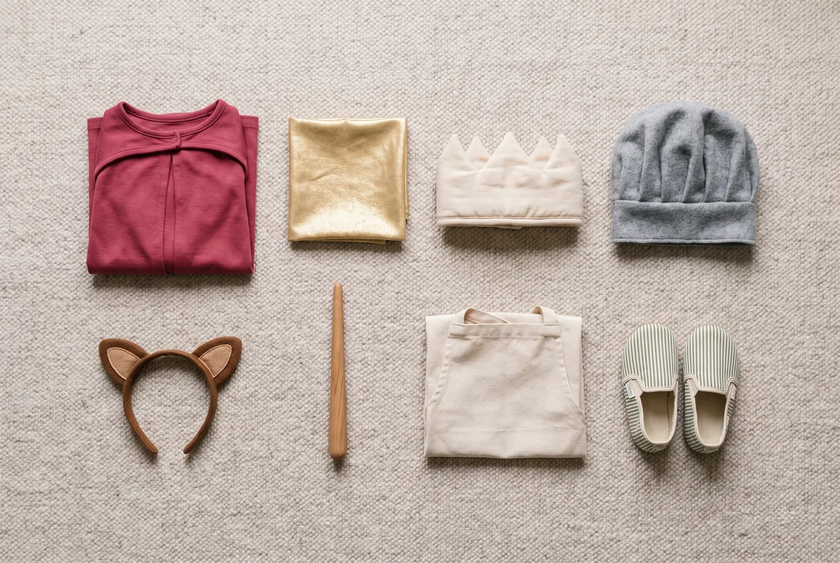 Eight children's dress-up pieces arranged in a grid on a wool rug: a red cape, folded gold fabric, a padded fabric crown, a felt chef's hat, animal ear headband, a wooden wand, a canvas apron, and striped soft-soled shoes.