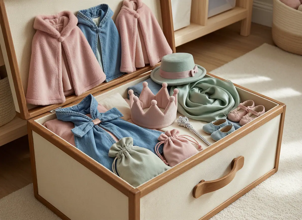 Open child-height dress-up trunk with capes, soft crown, scarf, hat, and costume shoes