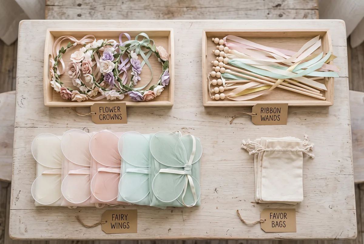 A fairy party dress-up station shot from above on a pale wooden table: a tray of flower-crown headbands, a tray of ribbon wands, five folded sets of gauzy wings in cream, blush and mint, and a stack of plain cotton drawstring favour bags, each zone labelled with a small kraft card.
