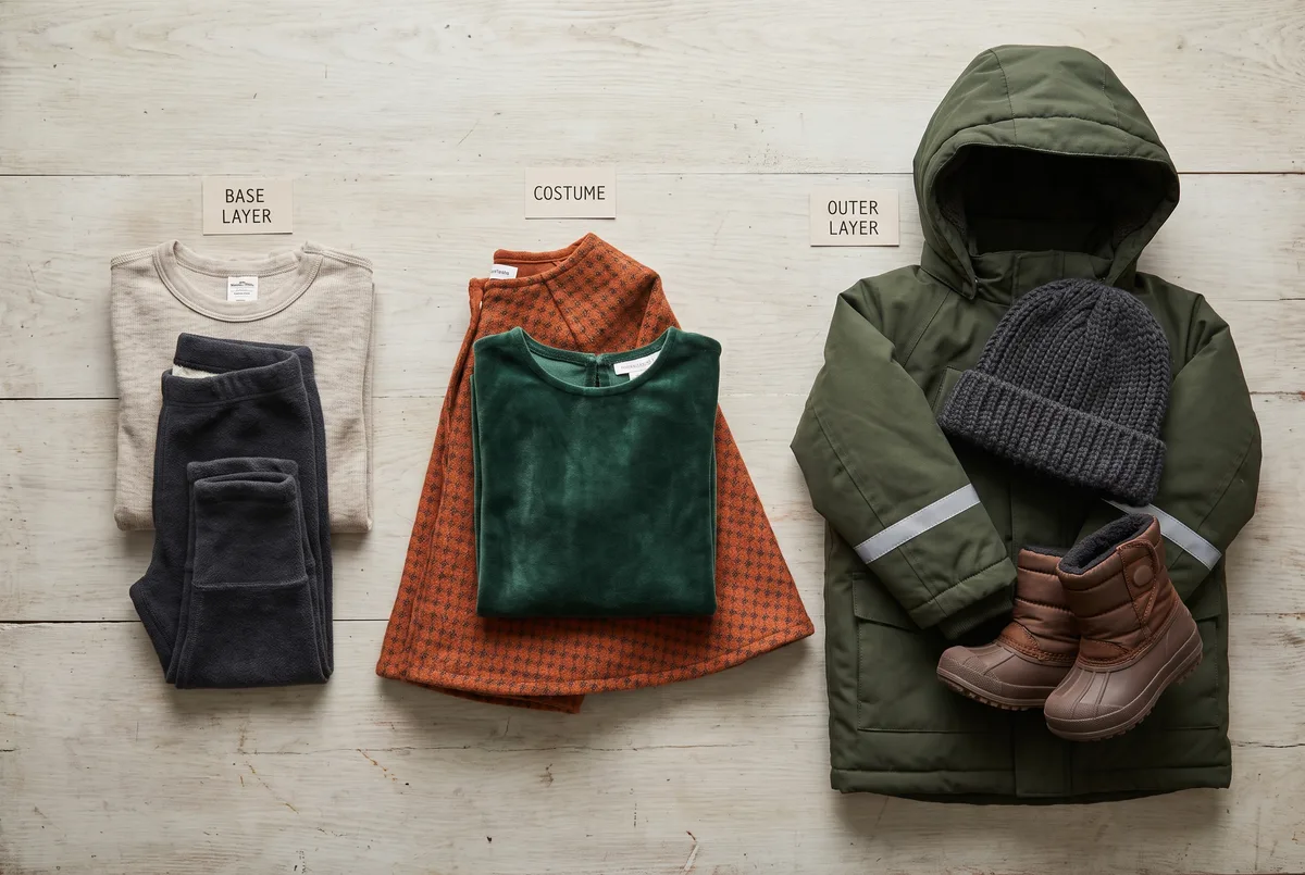 An overhead flat-lay showing a cold-weather costume layering plan as three separated stacks: a thermal base layer and warm leggings, then a costume tunic and cape, then a hooded coat with retroreflective tape on the sleeve alongside a knit hat and grippy boots.