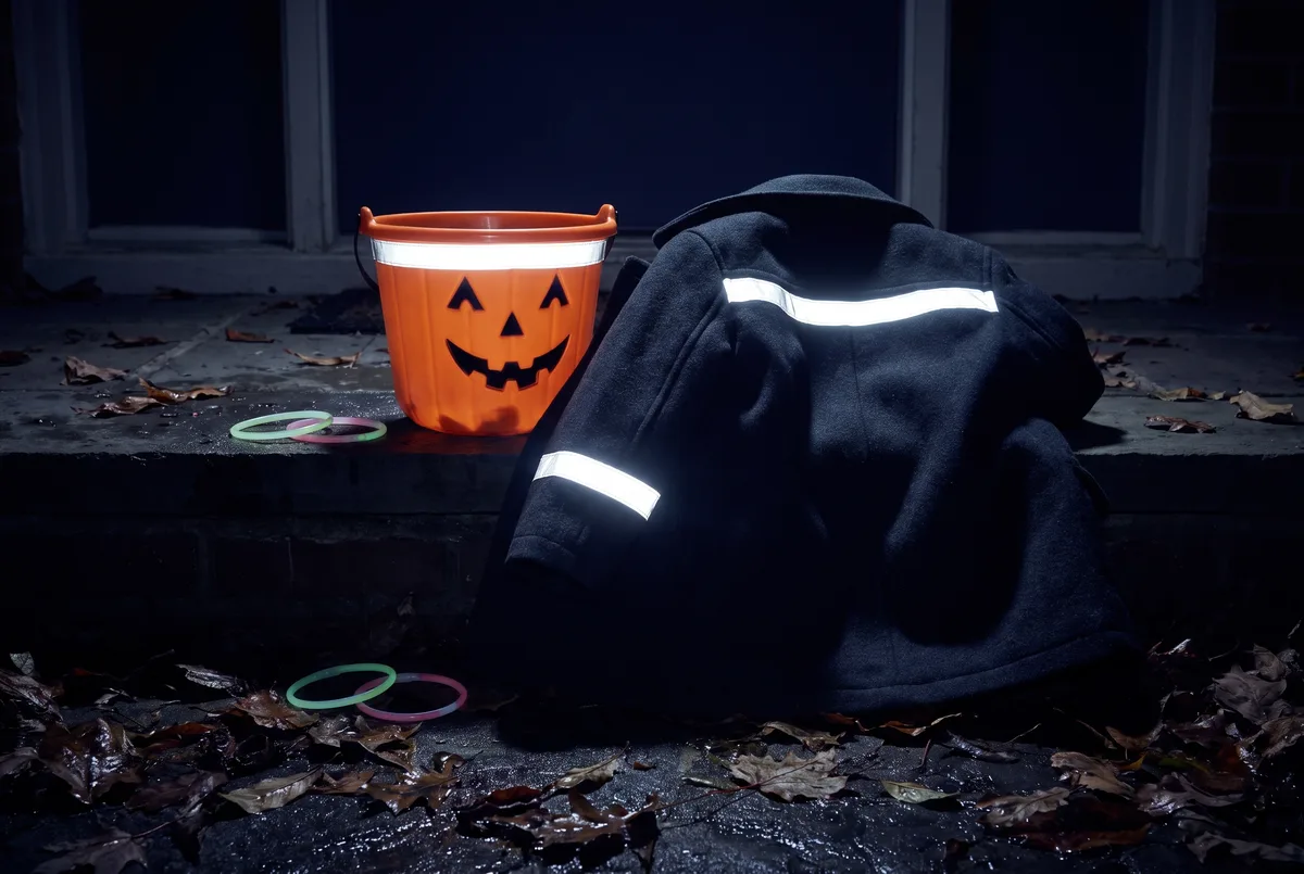 A dark costume coat and pumpkin treat bucket photographed at night on a doorstep, with strips of retroreflective tape on the sleeve, across the shoulders and around the bucket rim catching light and glowing sharply white, while two glow bracelets beside them appear noticeably dimmer.