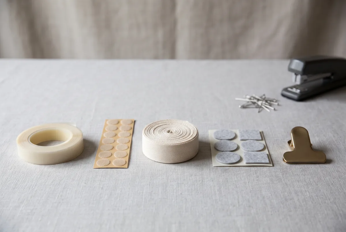 Costume fastening supplies in a row on a pale grey surface: a roll of fabric tape, hook-and-loop dots on a card, a spool of cotton ribbon, adhesive felt shapes, and a smooth flat clip, with straight pins and a stapler set apart in softer focus to one side.
