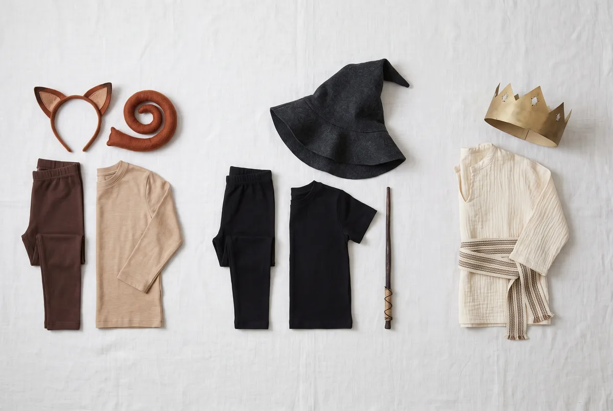 Three children's costume outfits laid out in separate columns on pale linen: brown leggings and tan shirt with fox ears and a felt tail; black shirt and leggings with a pointed wizard hat and wooden wand; a cream tunic with a woven sash and gold paper crown.