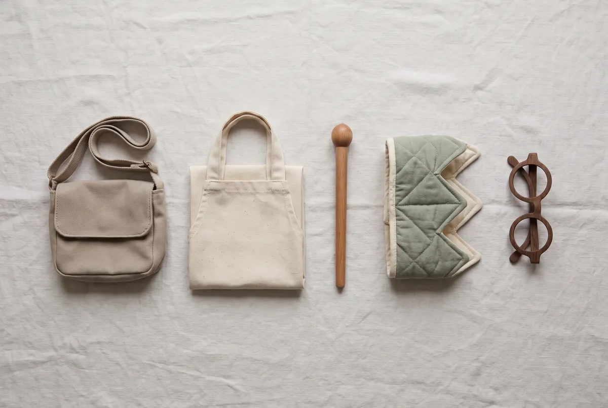 Five starter pretend-play accessories laid out in an evenly spaced row on pale linen: a small canvas satchel, a natural canvas apron, a smooth wooden wand, a soft fabric crown, and a pair of round pretend glasses.
