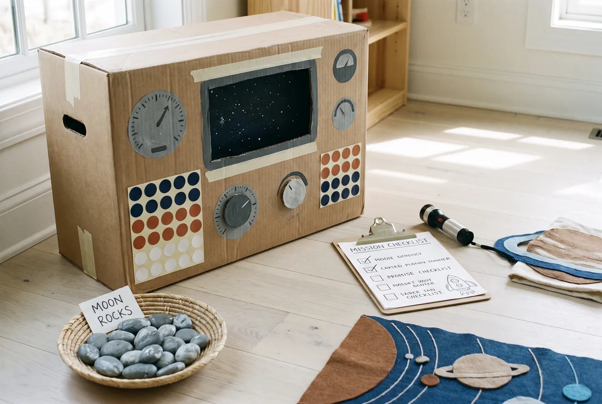 A home-built pretend space mission station: a large cardboard box turned into a control console with painted dials, circle-sticker buttons and a cut viewing screen, with a basket of grey painted moon rocks, a clipboard with a hand-drawn checklist, a torch, and a felt planet map on the floor beside it.