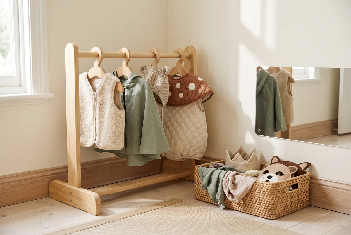 A low toddler-height dress-up corner in a bright nursery: a sturdy wide-based wooden rail at knee height holding four soft pull-on dress-up pieces on chunky hangers, a shallow open woven basket of soft accessories beside it, and a low acrylic mirror fixed at toddler eye level.