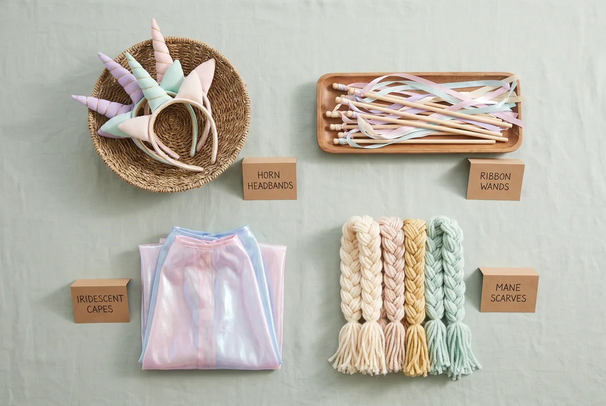 A unicorn party accessory station shot from above on a pale sage cloth: a woven basket of padded fabric horn headbands, a tray of pastel ribbon wands, a folded stack of four iridescent capes, and a row of soft pastel yarn mane scarves, each zone labelled with a small kraft card.