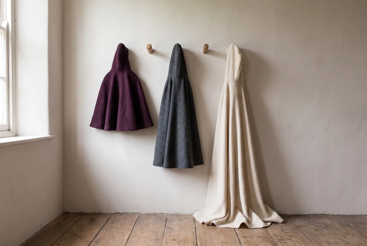 Three children's cloaks of different lengths hung side by side on wooden wall pegs: a short one ending at hip level, a mid-length one ending at mid-calf, and a floor-length one whose hem pools and crumples on the floorboards.