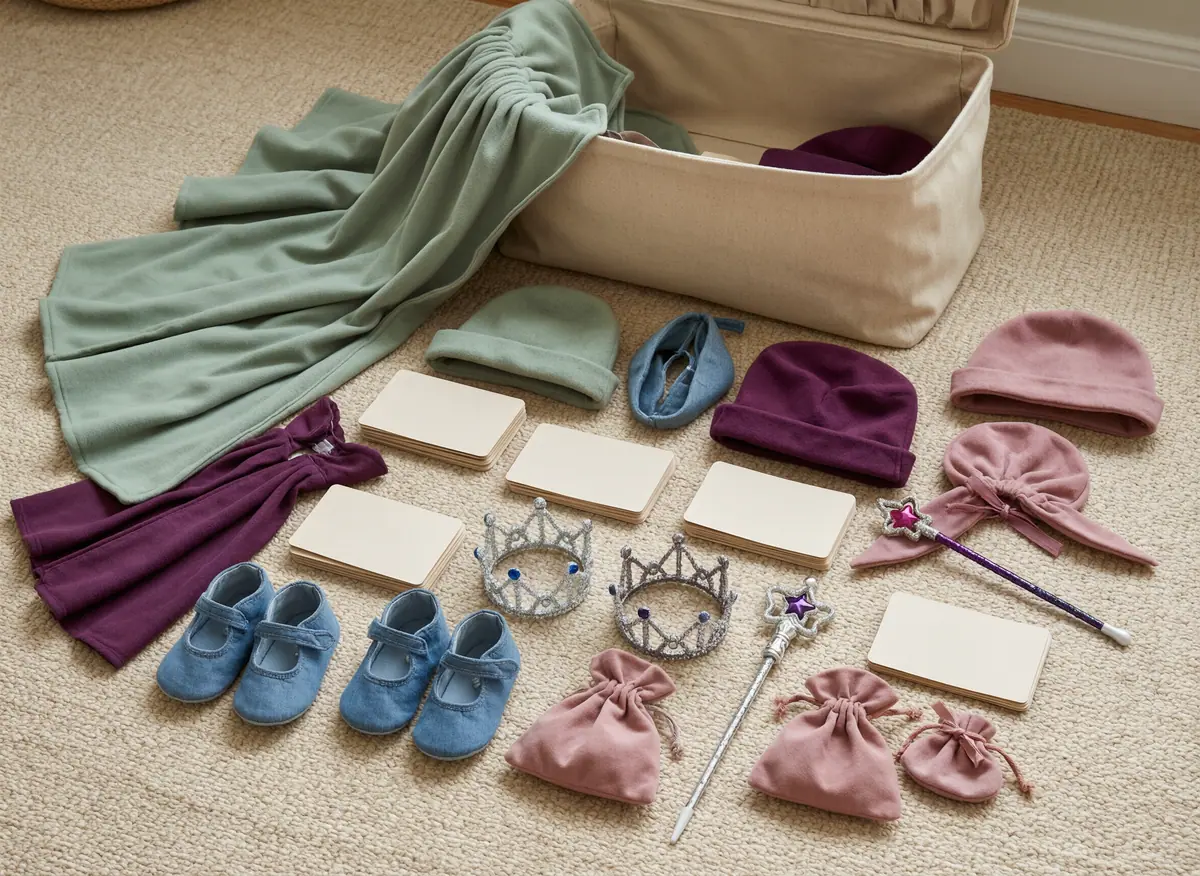 Open dress-up trunk being organized with capes, hats, crowns, shoes, and accessory pouches