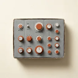 A handmade cardboard chest control panel painted grey and orange