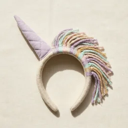 A padded fabric unicorn horn headband with a pastel mane